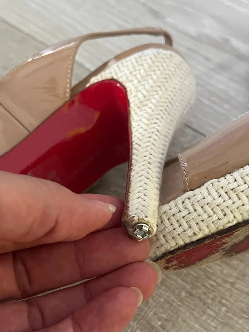 Christian Louboutin Nude Patent Peep-Toe Slingback Wedge Espadrilles